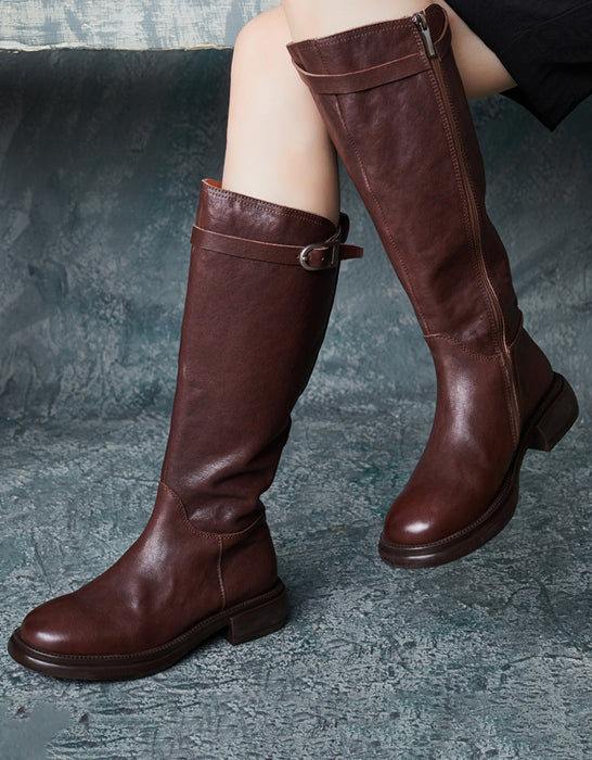 Botas altas hasta la rodilla estilo británico con hebilla lateral de cuero genuino