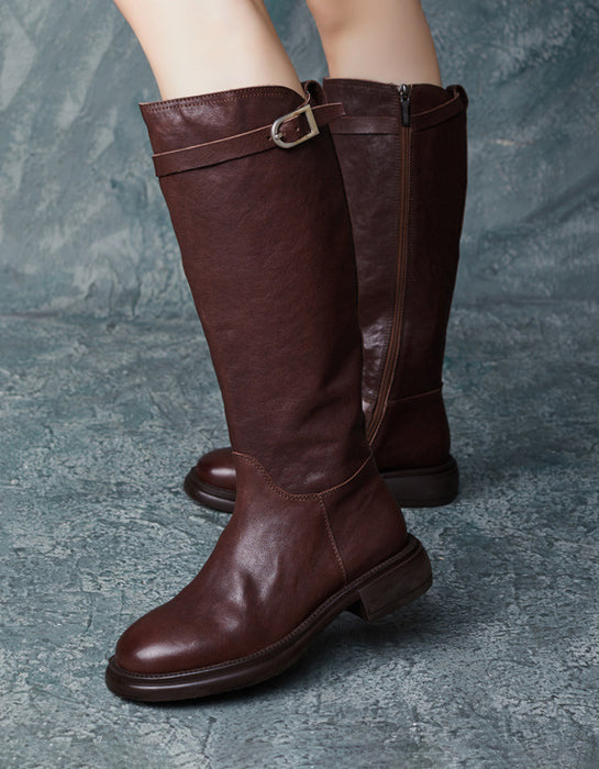 Botas altas hasta la rodilla estilo británico con hebilla lateral de cuero genuino