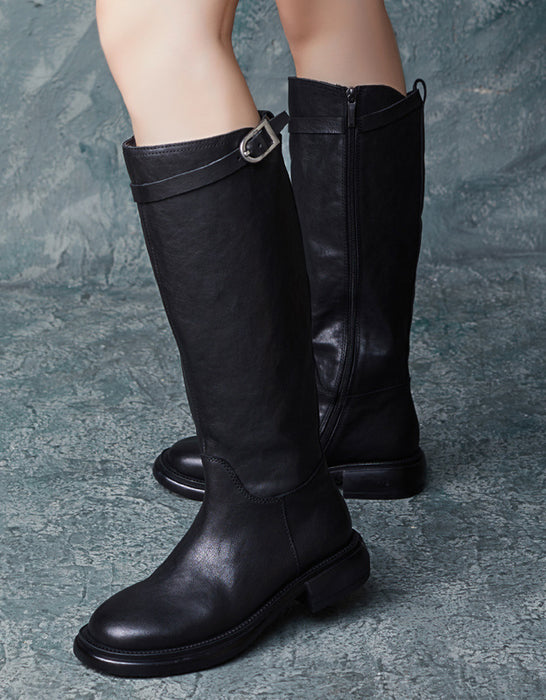 Botas altas hasta la rodilla estilo británico con hebilla lateral de cuero genuino