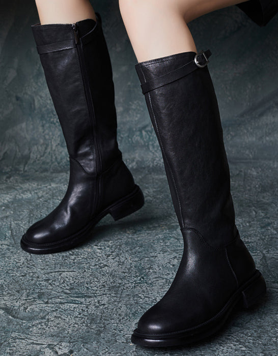 Botas altas hasta la rodilla estilo británico con hebilla lateral de cuero genuino