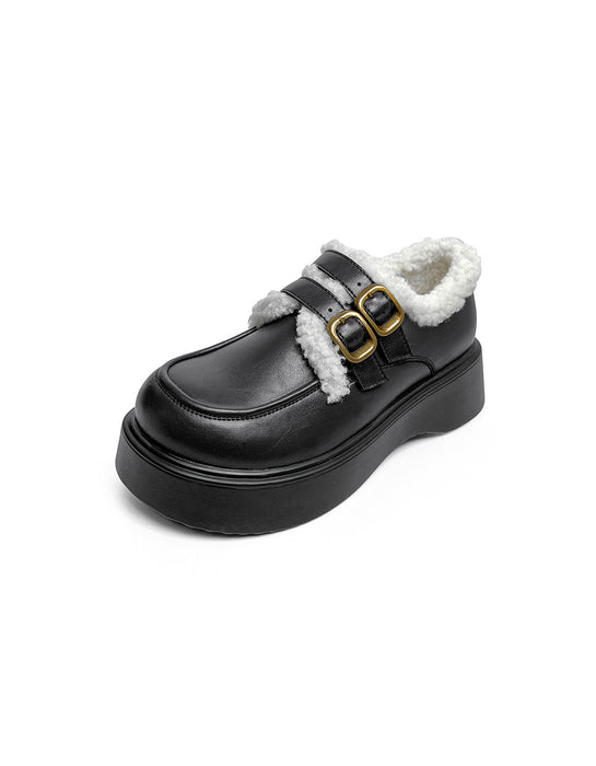 Double Buckle Round Toe Winter Loafers With Fur
