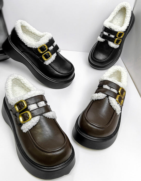Double Buckle Round Toe Winter Loafers With Fur