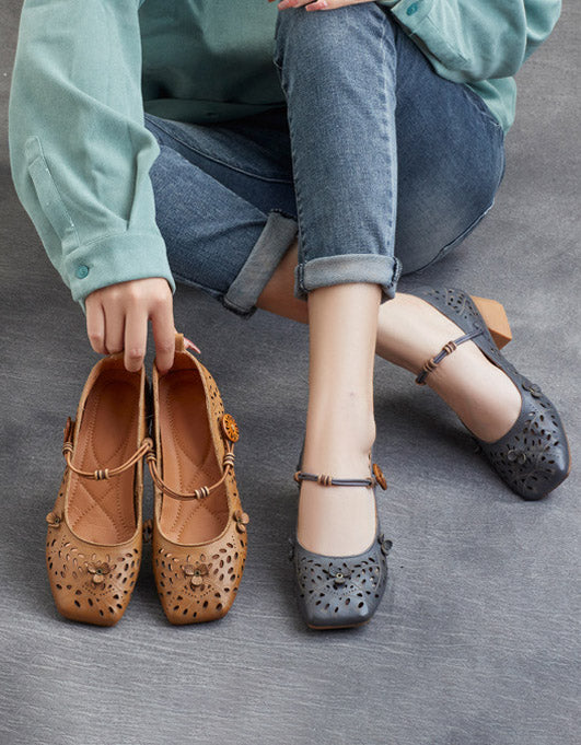 Sandalias de tacón grueso con cabeza cuadrada de cuero retro hechas a mano