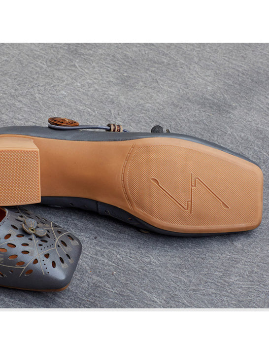 Sandalias de tacón grueso con cabeza cuadrada de cuero retro hechas a mano