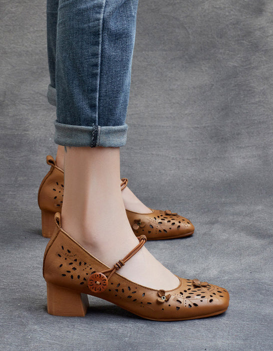 Sandalias de tacón grueso con cabeza cuadrada de cuero retro hechas a mano