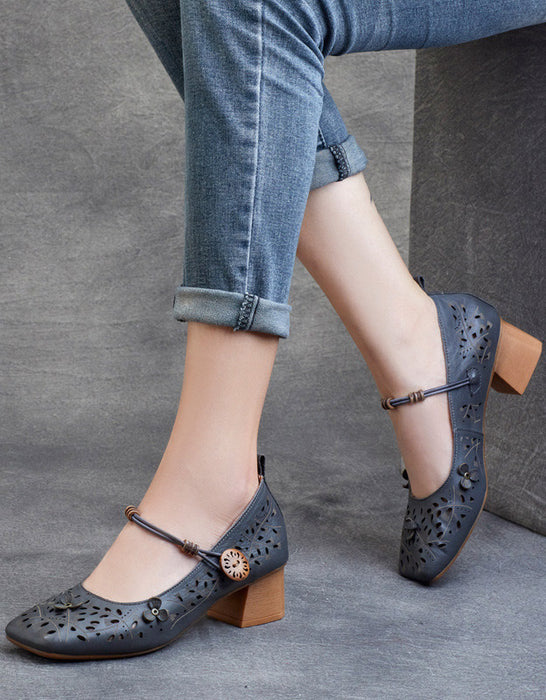 Sandalias de tacón grueso con cabeza cuadrada de cuero retro hechas a mano