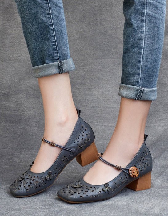 Sandalias de tacón grueso con cabeza cuadrada de cuero retro hechas a mano