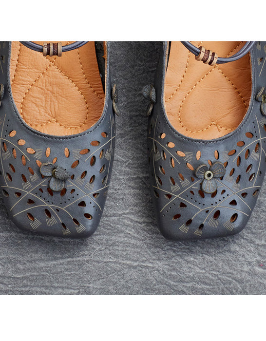 Sandalias de tacón grueso con cabeza cuadrada de cuero retro hechas a mano