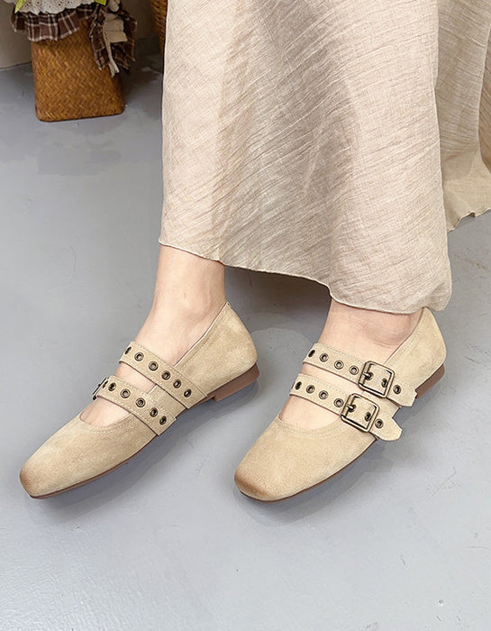 Suede Square Toe Double Buckles Mary Jane Shoes