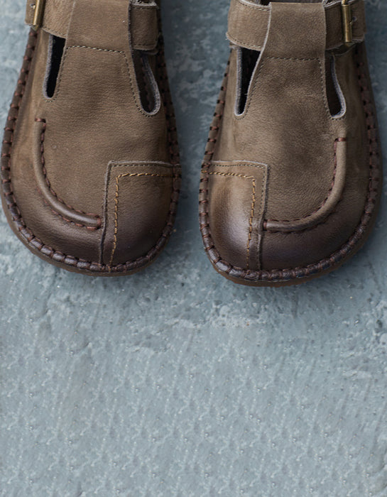 Soft Leather T-strap Handmade Retro Flat Shoes