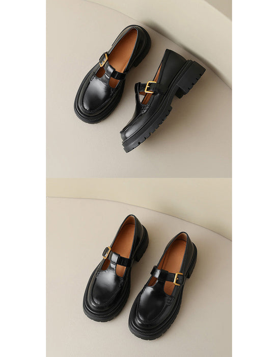 Mary Jane gruesa con tira en T versátil de cuero liso