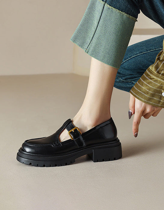 Mary Jane gruesa con tira en T versátil de cuero liso