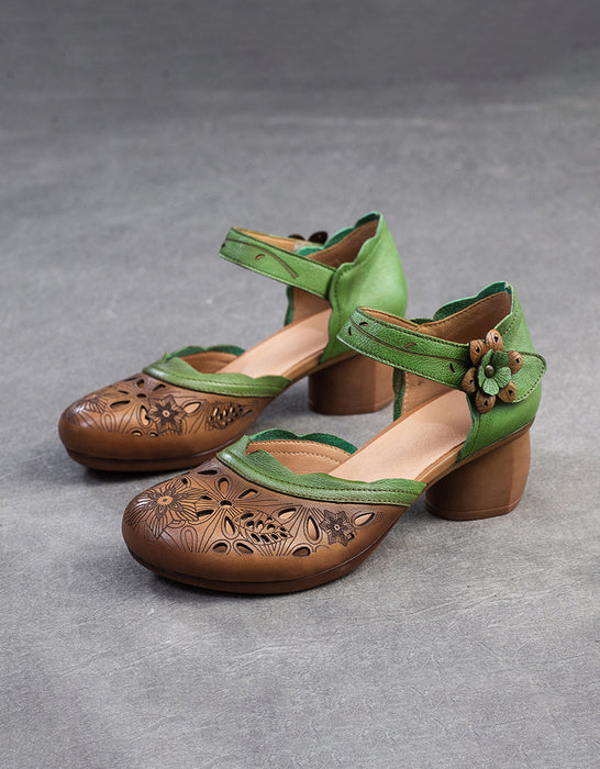 Sandalias de tacón grueso con flores talladas a mano en cuero