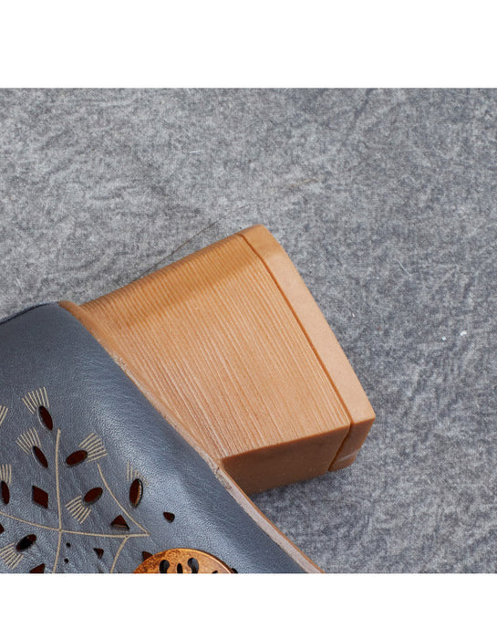 Sandalias de tacón grueso con cabeza cuadrada de cuero retro hechas a mano