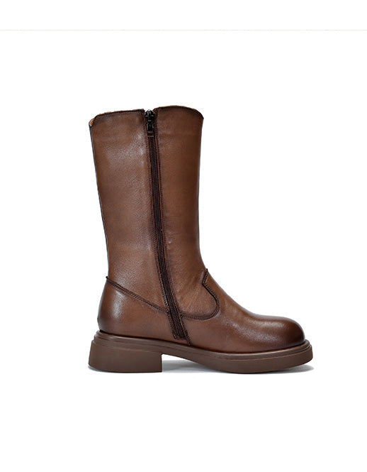 Winter Autumn Round Toe Long Leather Boots for Women