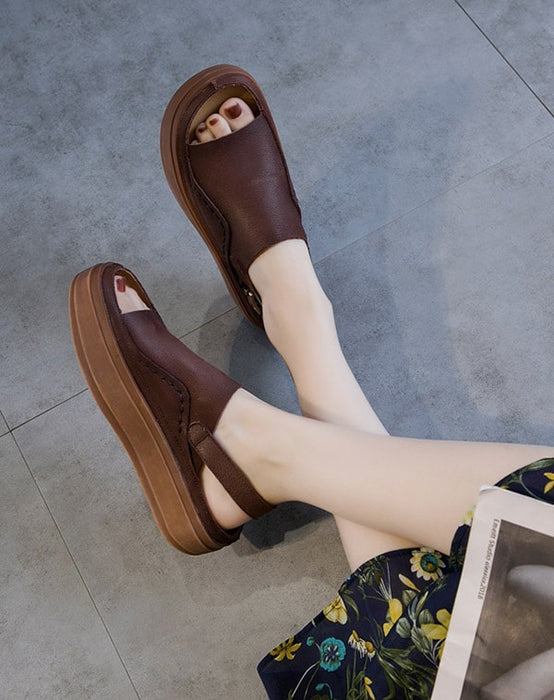 Sandales à plateforme à bout ouvert et talon épais en cuir de vache