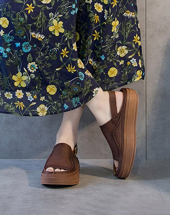 Sandales à plateforme à bout ouvert et talon épais en cuir de vache