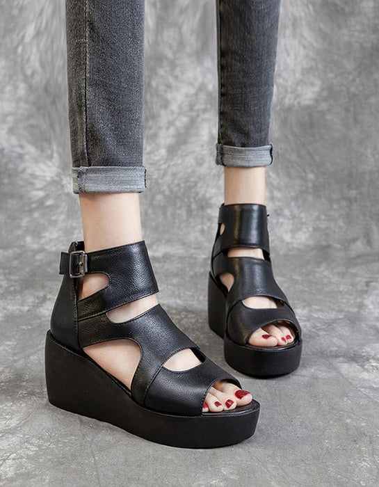 Sandalias de cuña negras con punta abierta de cuero para verano, talla 42