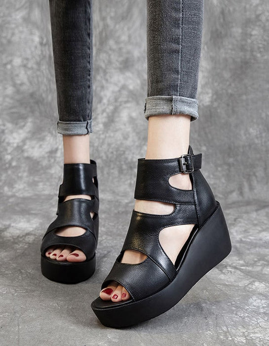 Sandalias de cuña negras con punta abierta de cuero para verano, talla 42