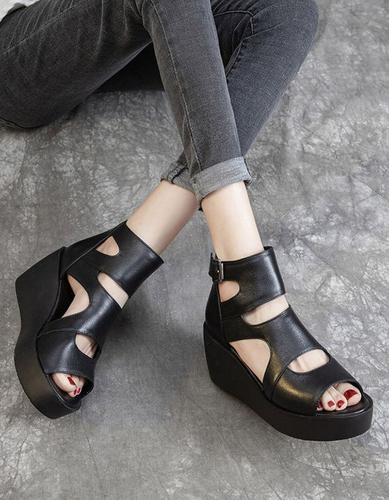 Sandalias de cuña negras con punta abierta de cuero para verano, talla 42