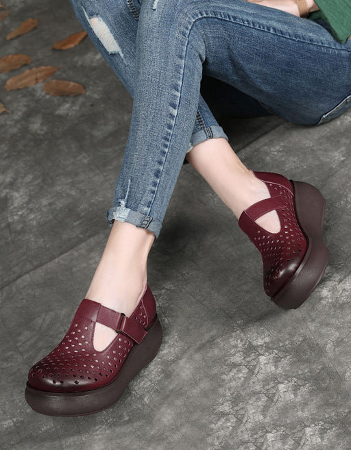 Handmade Retro Hollow T-strap Wedge Sandals March Shoes Collection 2023 91.70