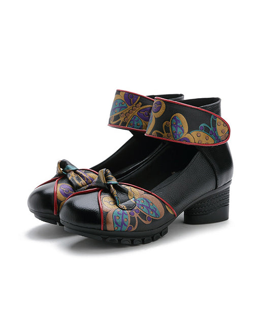 Retro Leather Handmade Printed Chunky Heels Aug New Trends 2020 68.70