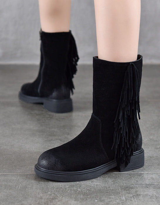 Genuine Leather Winter Autumn Side Tassel Mid-calf Boots