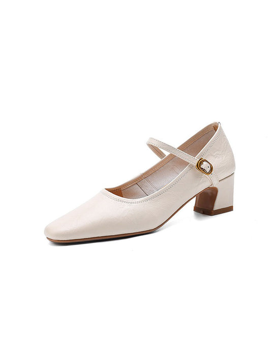 Real Leather Chunky Heels Pumps Mary Janes Shoes