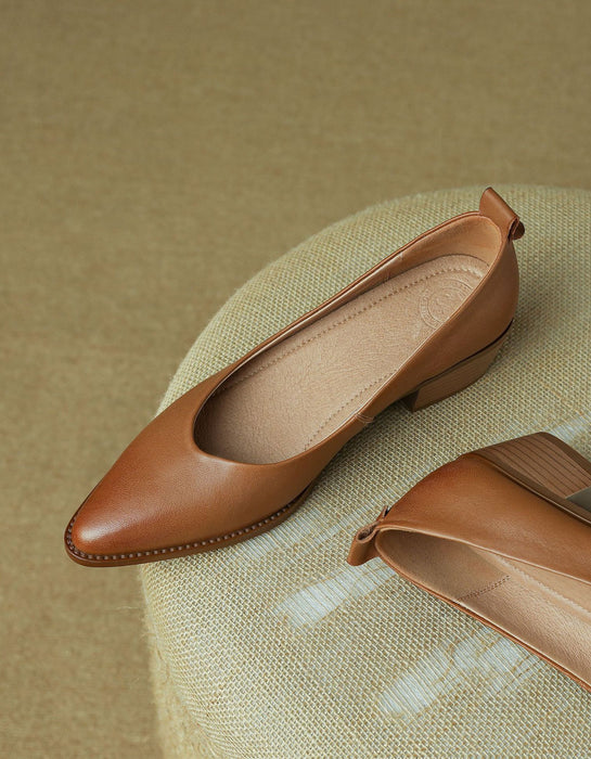 Spring Real Leather Pointed Toe Chunky Heel Pumps