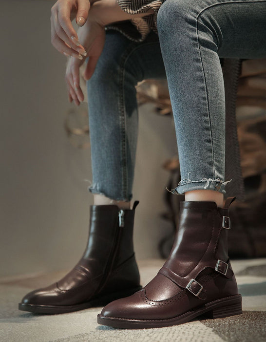 Square Toe Mon Strap Brogue Style Women's Oxford Boots