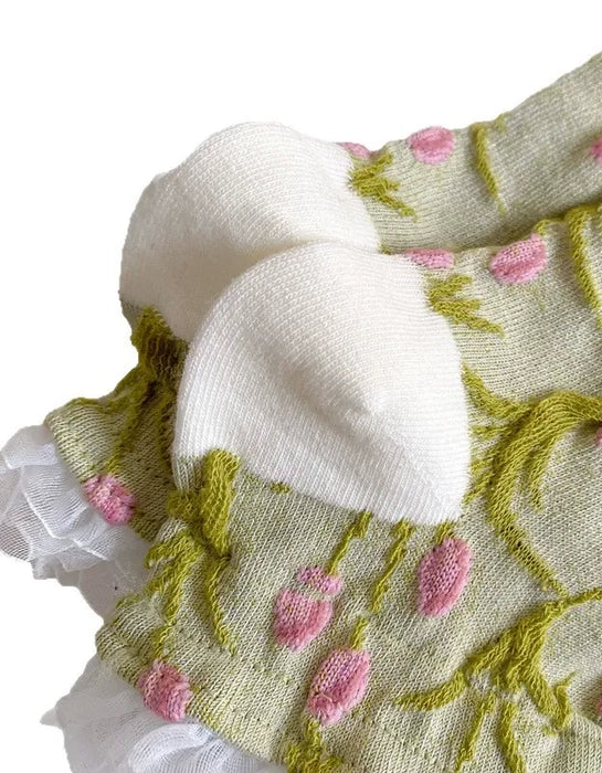 2 Pairs Spring Merlad Style Embossed Flower Short Socks