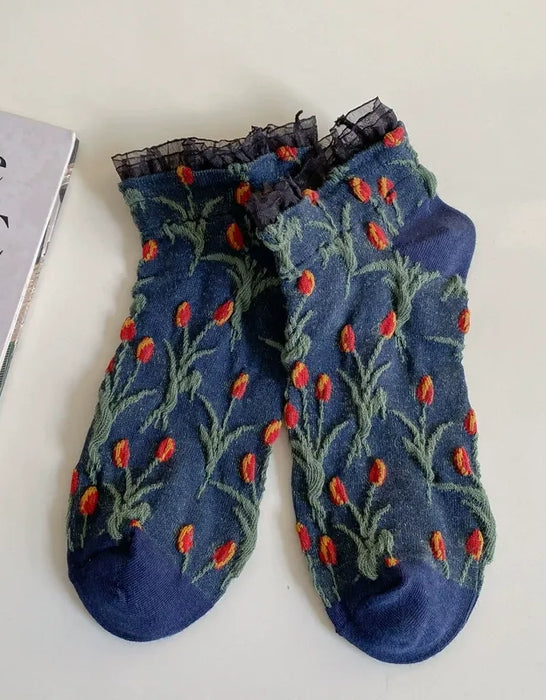 2 Pairs Spring Merlad Style Embossed Flower Short Socks