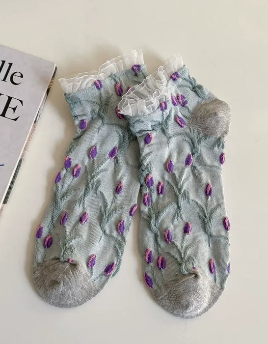 2 Pairs Spring Merlad Style Embossed Flower Short Socks
