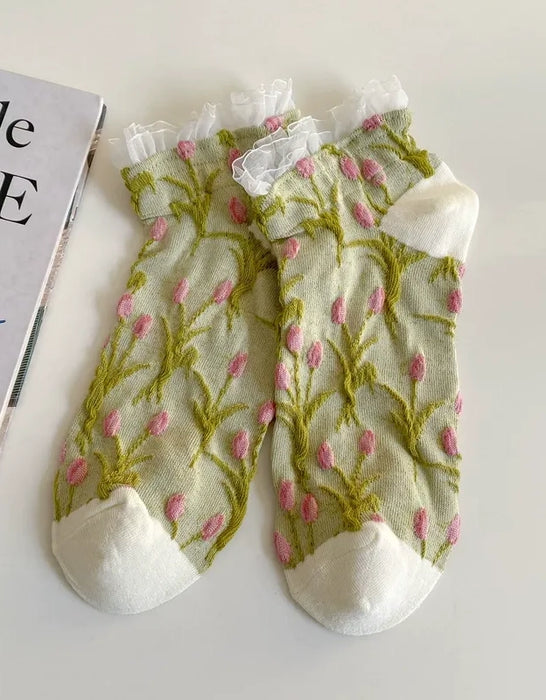2 Pairs Spring Merlad Style Embossed Flower Short Socks