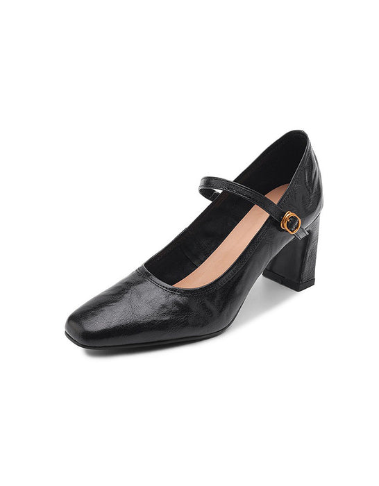 Real Leather Chunky Heels Pumps Mary Janes Shoes