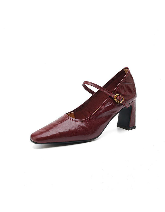 Real Leather Chunky Heels Pumps Mary Janes Shoes