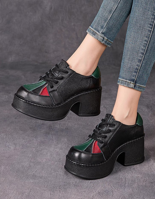 Autumn Leather Patchwork Wide Toe Box Platform Shoes