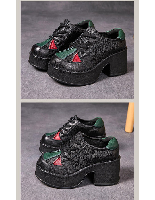 Autumn Leather Patchwork Wide Toe Box Platform Shoes