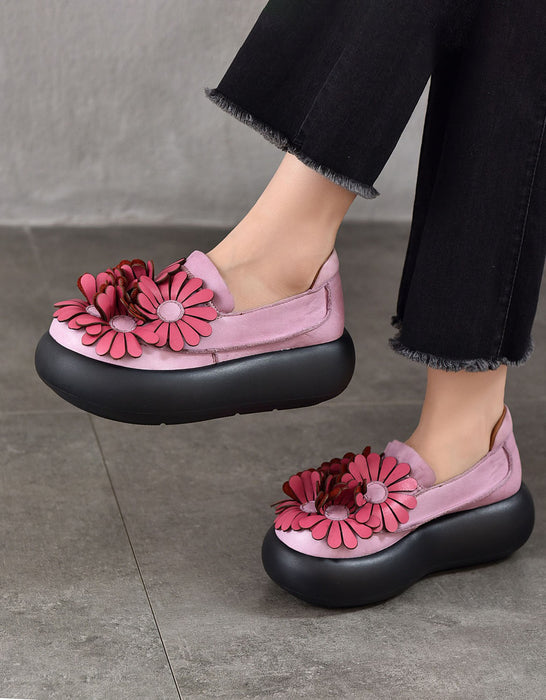 Autumn Round Toe Leather Flowers Front Platform Shoes