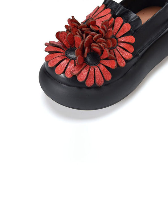 Autumn Round Toe Leather Flowers Front Platform Shoes