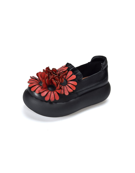 Autumn Round Toe Leather Flowers Front Platform Shoes