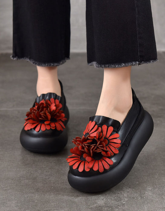 Autumn Round Toe Leather Flowers Front Platform Shoes
