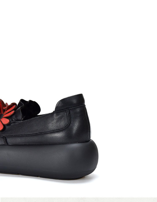 Autumn Round Toe Leather Flowers Front Platform Shoes