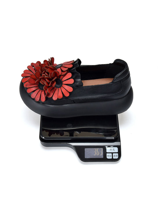 Autumn Round Toe Leather Flowers Front Platform Shoes