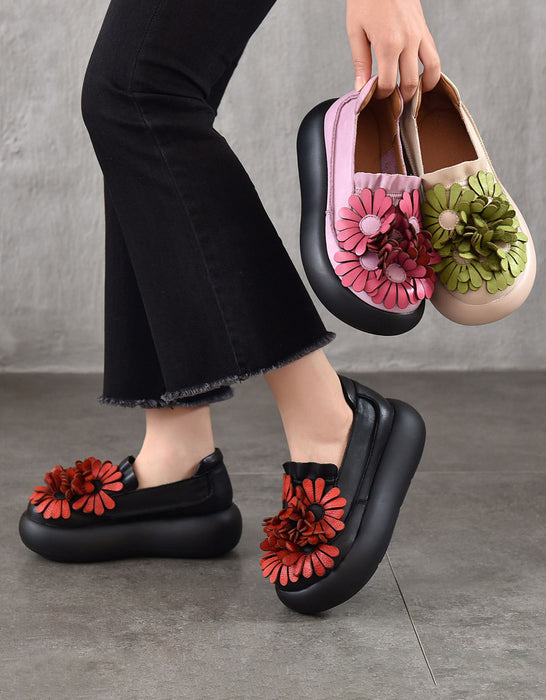 Autumn Round Toe Leather Flowers Front Platform Shoes