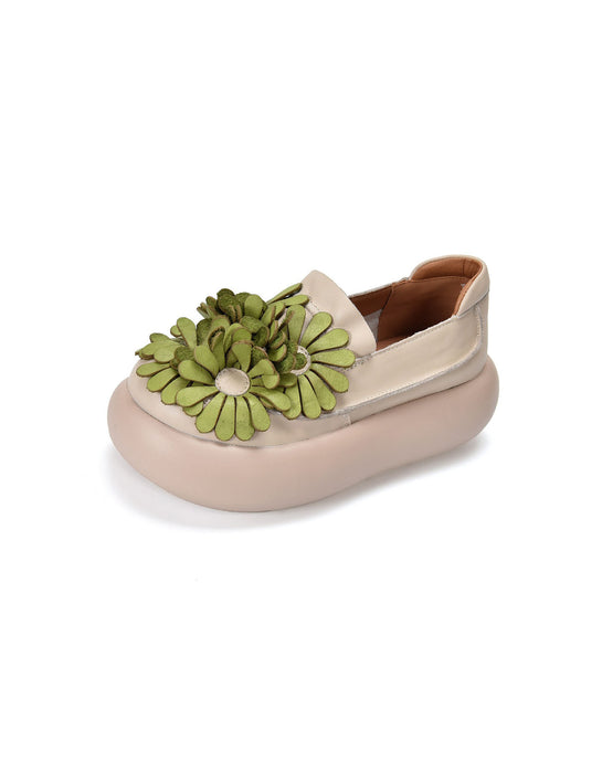 Autumn Round Toe Leather Flowers Front Platform Shoes