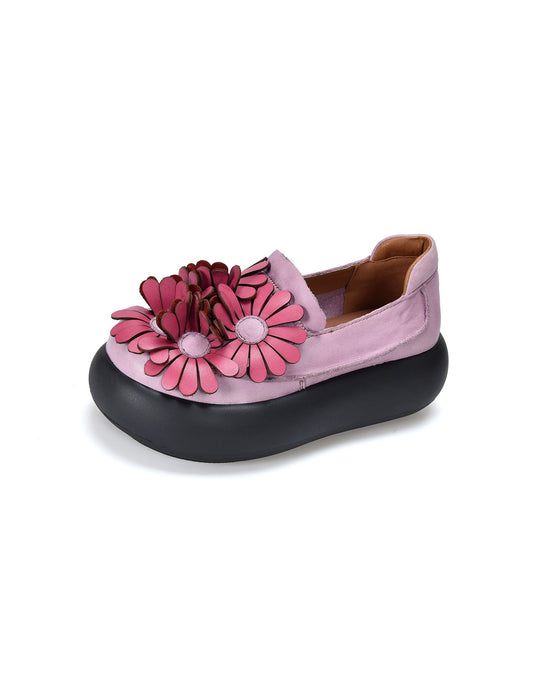 Autumn Round Toe Leather Flowers Front Platform Shoes