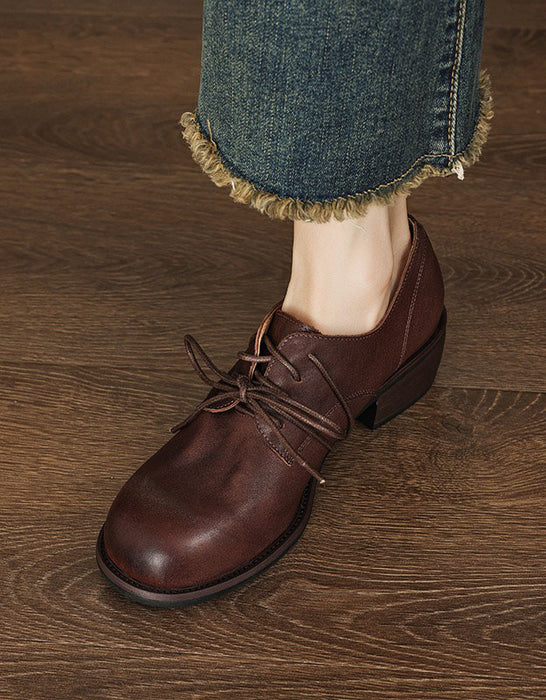 Autumn Spring Real Leather Handmade Chunky Heels Loafers