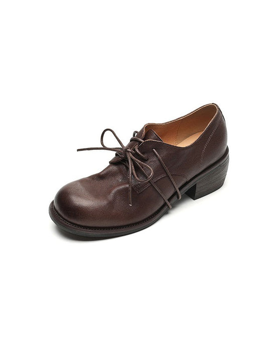 Autumn Spring Real Leather Handmade Chunky Heels Loafers