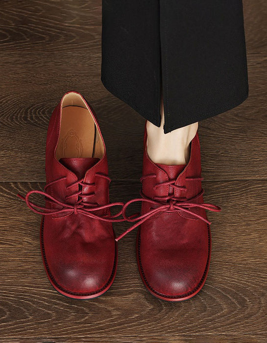 Autumn Spring Real Leather Handmade Chunky Heels Loafers